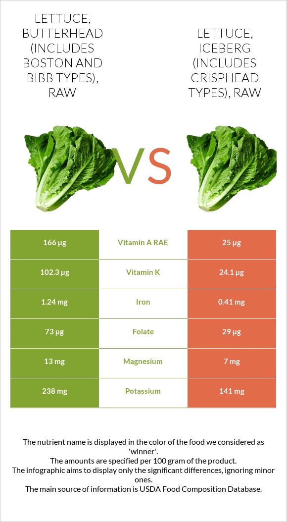 Lettuce, butterhead (includes boston and bibb types), raw vs Lettuce, iceberg (includes crisphead types), raw infographic