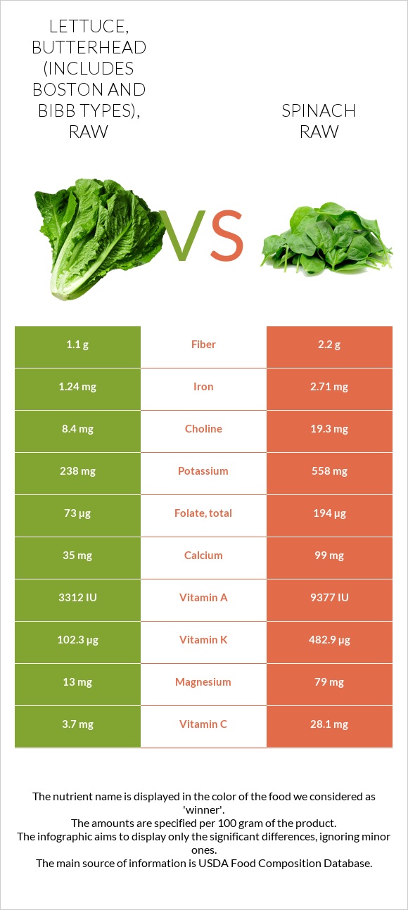 Lettuce, butterhead (includes boston and bibb types), raw vs Spinach raw infographic