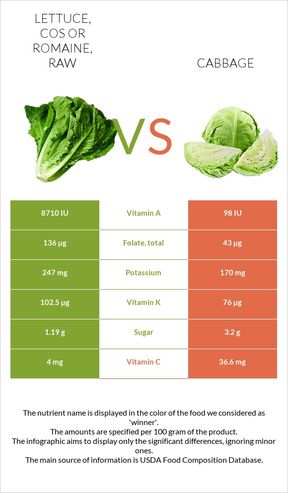 Lettuce, cos or romaine, raw vs Կաղամբ infographic