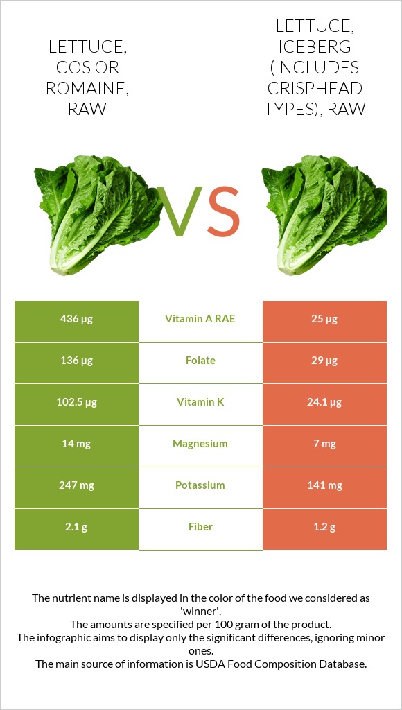 Lettuce, cos or romaine, raw vs Lettuce, iceberg (includes crisphead types), raw infographic