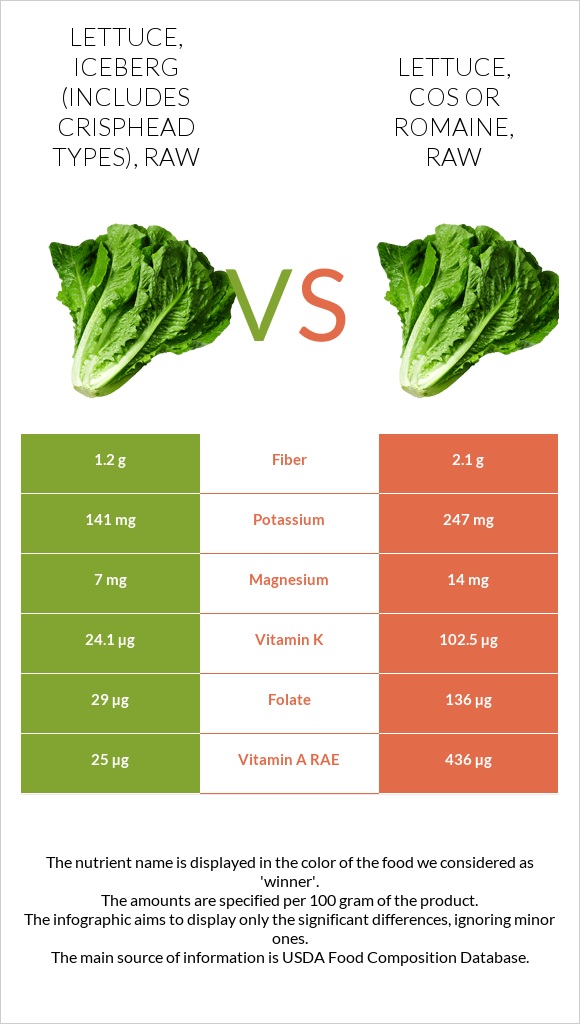 Lettuce, iceberg (includes crisphead types), raw vs Lettuce, cos or romaine, raw infographic