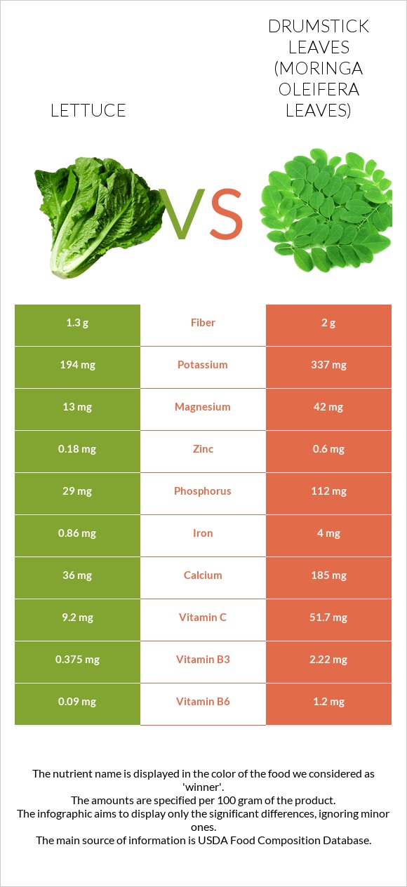 Lettuce vs Drumstick leaves infographic