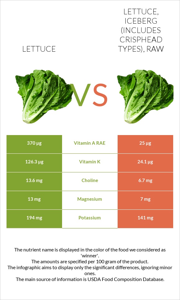 Lettuce vs Lettuce, iceberg (includes crisphead types), raw infographic