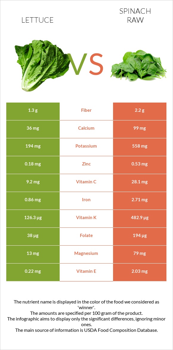 Lettuce vs Spinach raw infographic