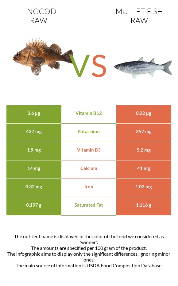 Lingcod raw vs Mullet fish raw infographic