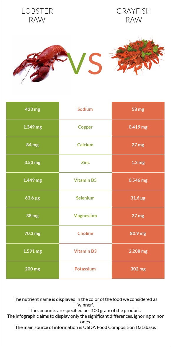 Օմարներ հում vs Crayfish raw infographic