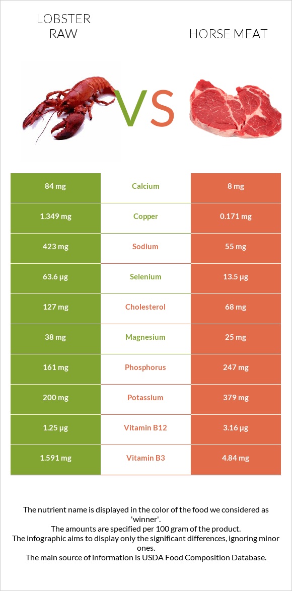 Օմարներ հում vs Ձիու միս infographic