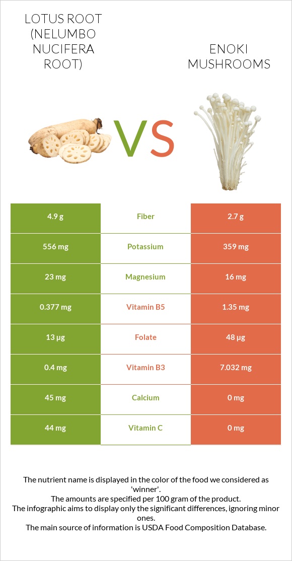 Lotus root vs Enoki mushrooms infographic