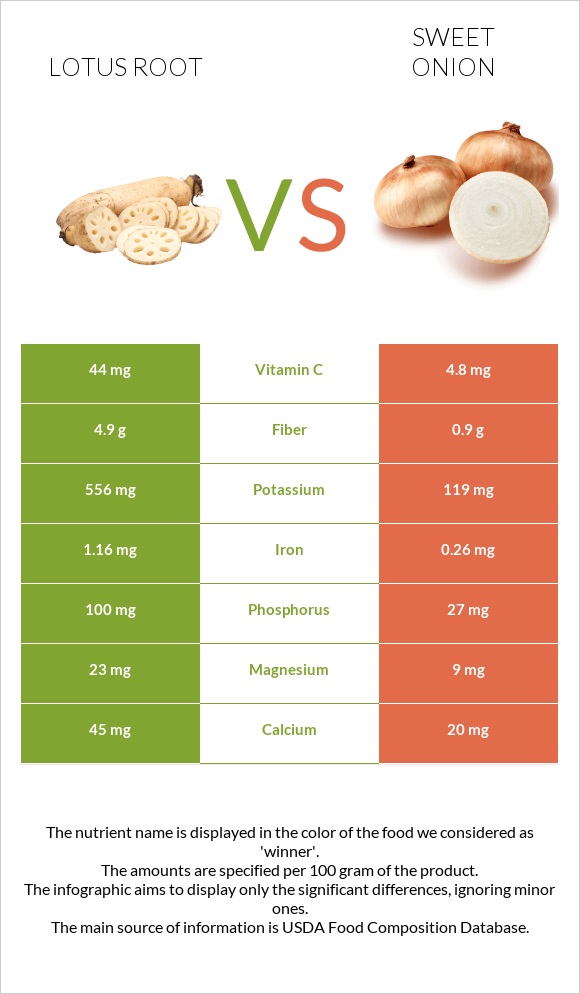 Լոտոս արմատ vs Sweet onion infographic