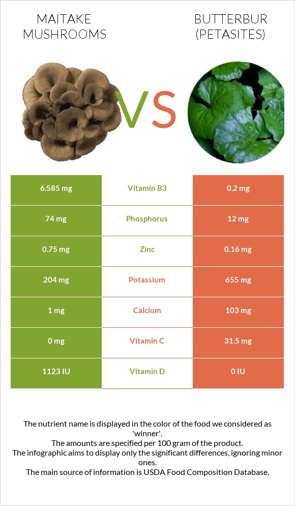 Maitake mushrooms vs Butterbur infographic