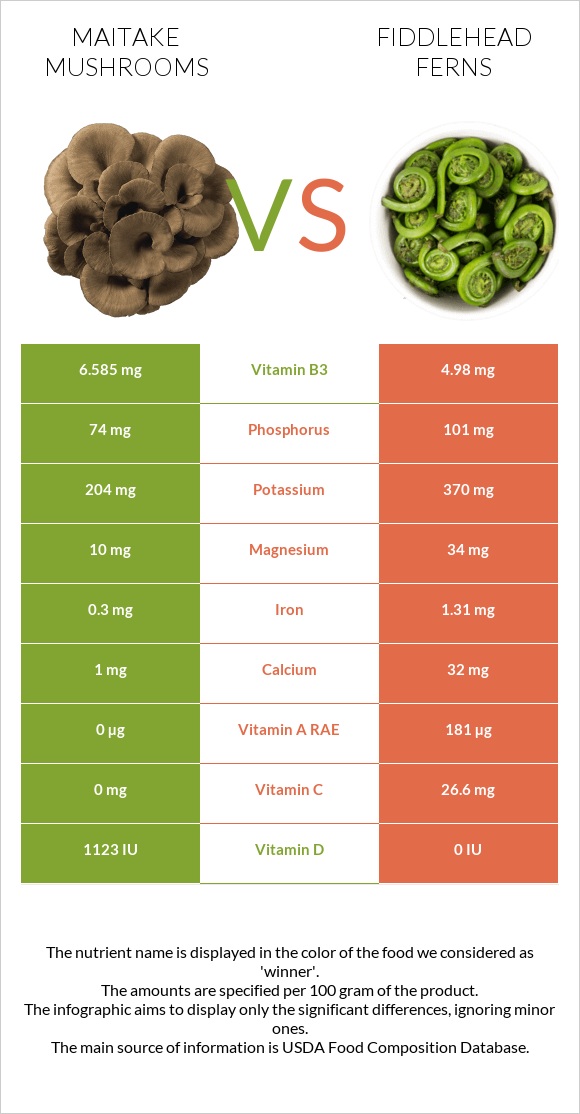 Maitake mushrooms vs Fiddlehead ferns infographic
