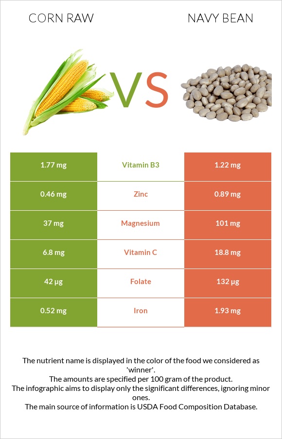 Corn raw vs Navy bean infographic