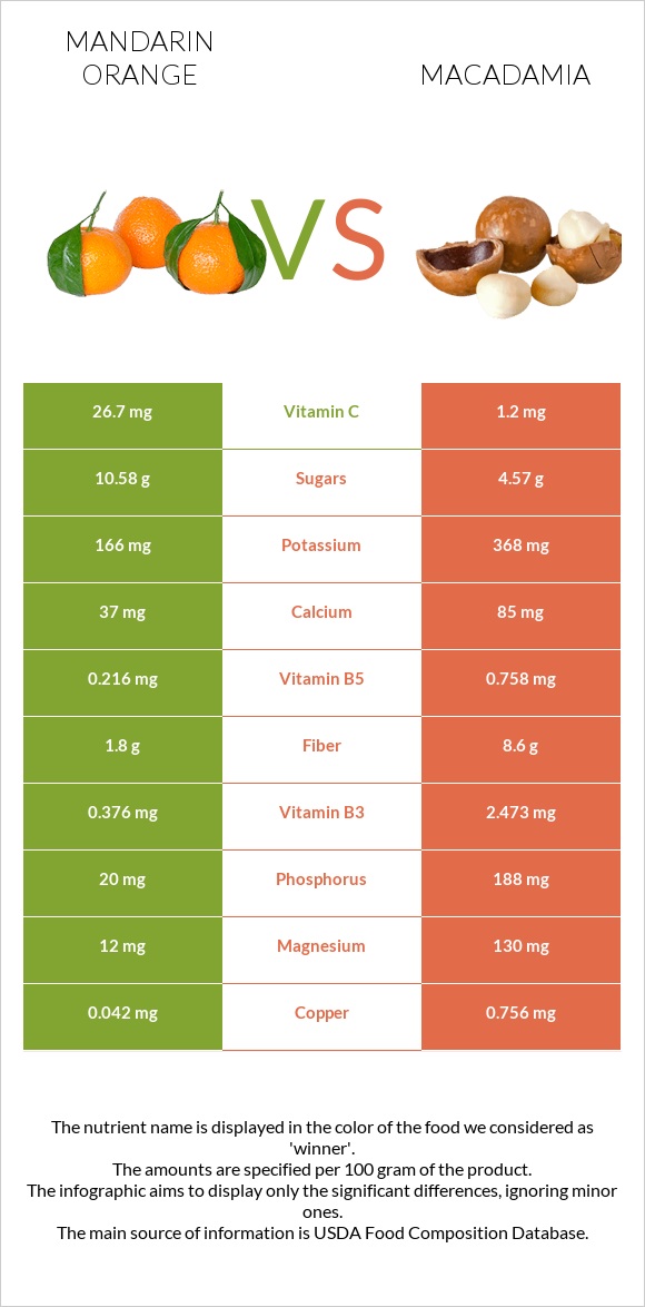 Mandarin orange vs Macadamia infographic
