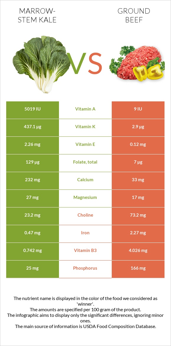 Marrow-stem Kale vs Ground beef infographic