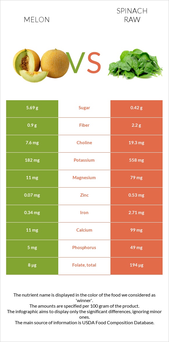 Melon vs Spinach raw infographic