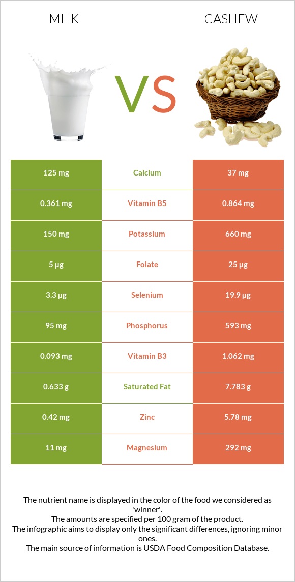 Կաթ vs Հնդկական ընկույզ infographic