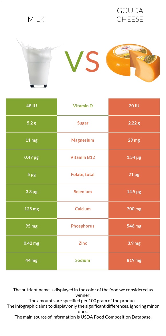 Milk vs Gouda cheese infographic