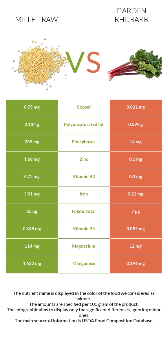 Millet raw vs Garden rhubarb infographic