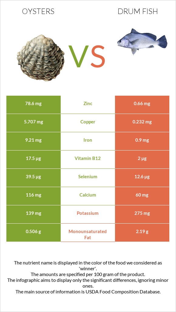 Oysters vs Drum fish infographic