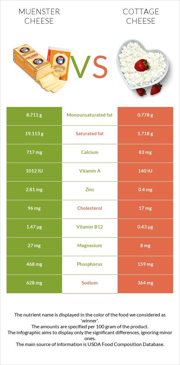 Muenster cheese vs Cottage cheese infographic