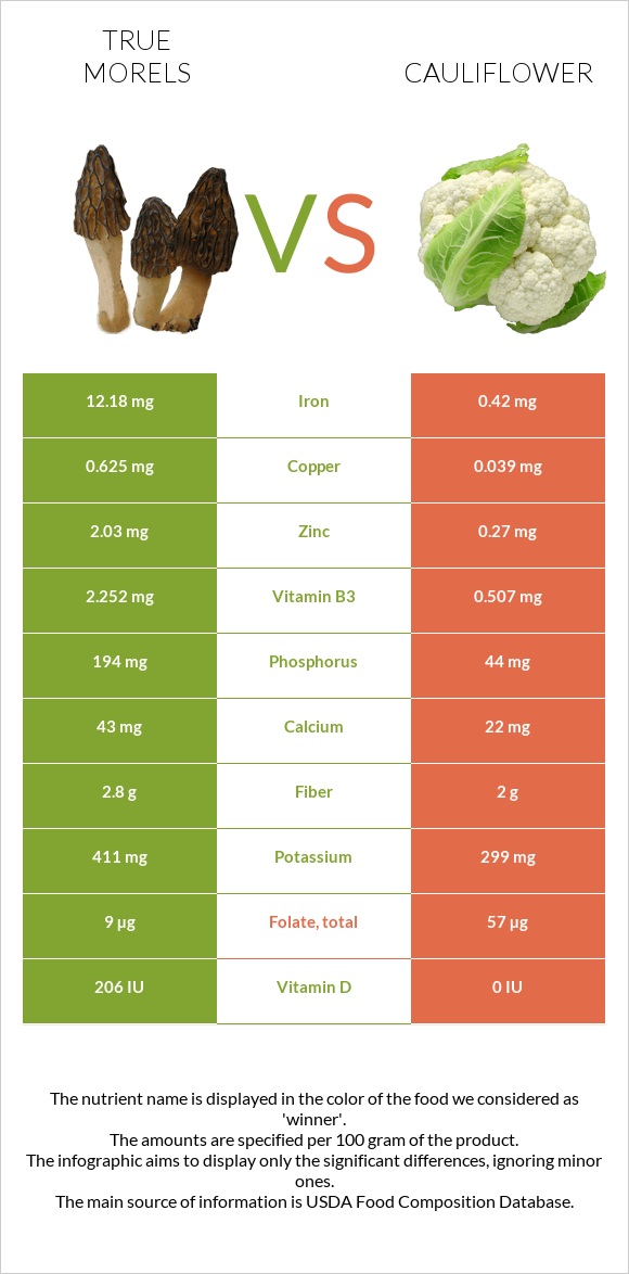 True morels vs Cauliflower infographic