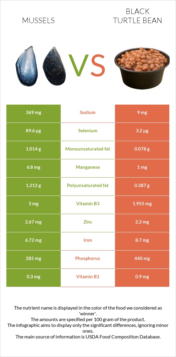 Mussels vs Black turtle bean infographic