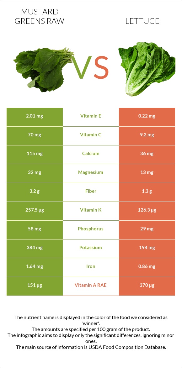 Mustard Greens Raw vs Lettuce infographic