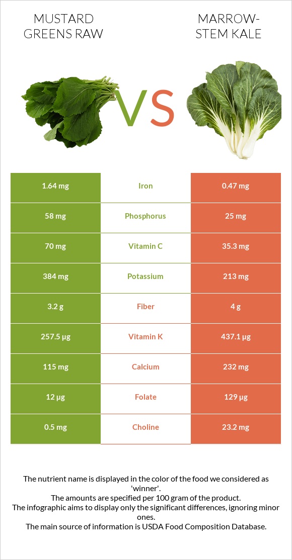 Mustard Greens Raw vs Marrow-stem Kale infographic
