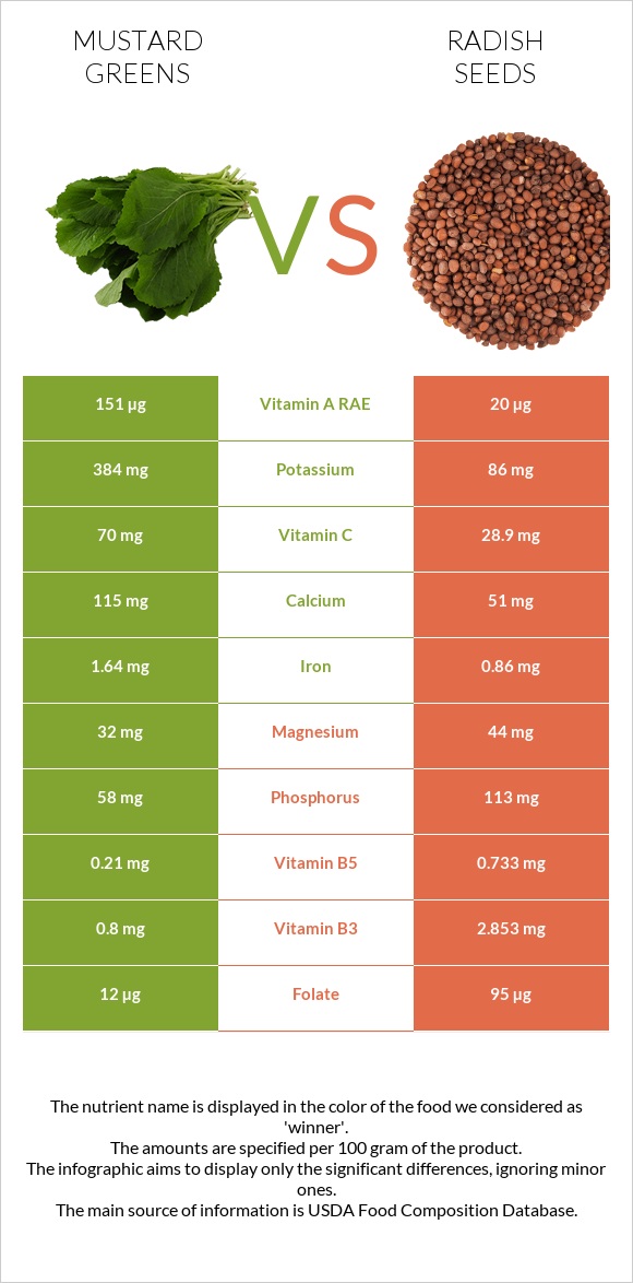 Mustard Greens vs Radish seeds infographic