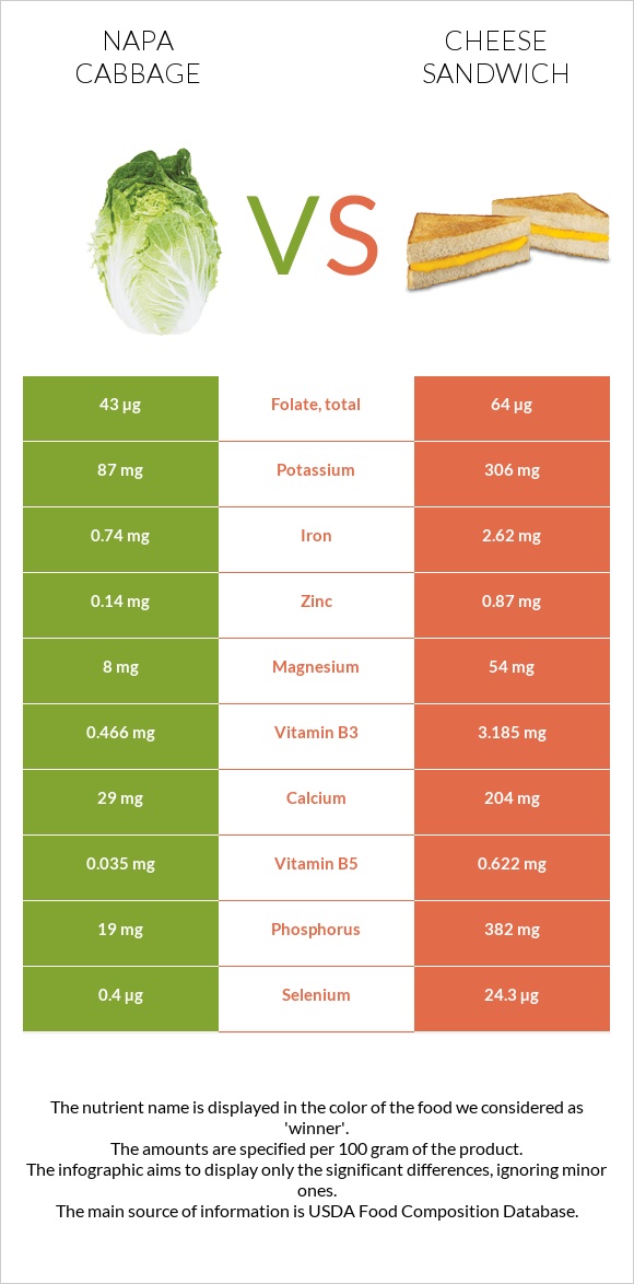 Napa cabbage vs Cheese sandwich infographic