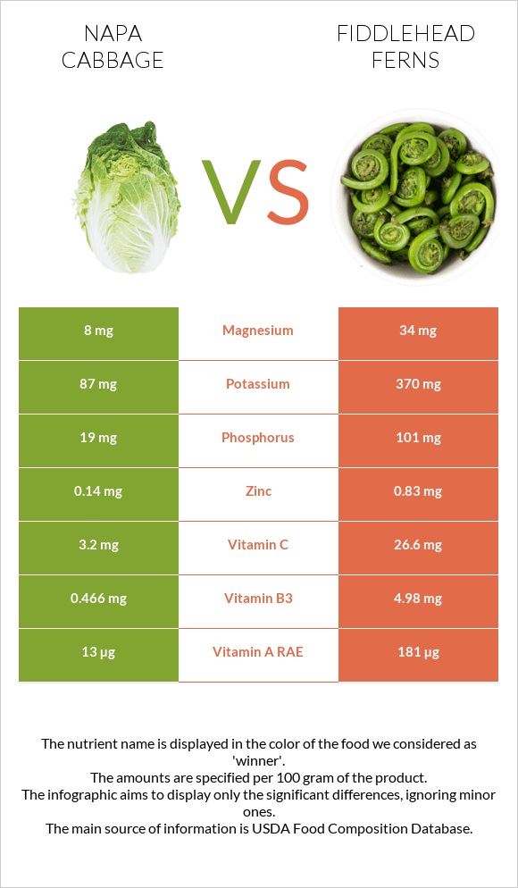 Napa cabbage vs Fiddlehead ferns infographic