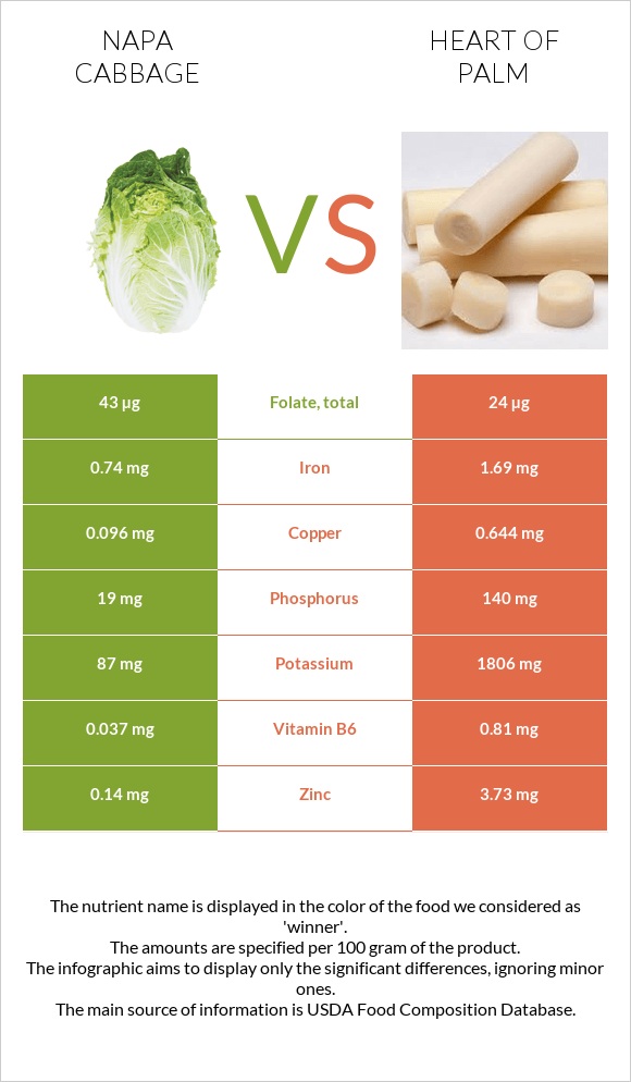 Napa cabbage vs Heart of palm infographic