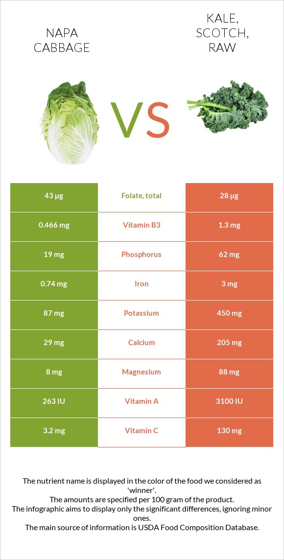 Napa cabbage vs. Kale, scotch, raw — InDepth Nutrition Comparison