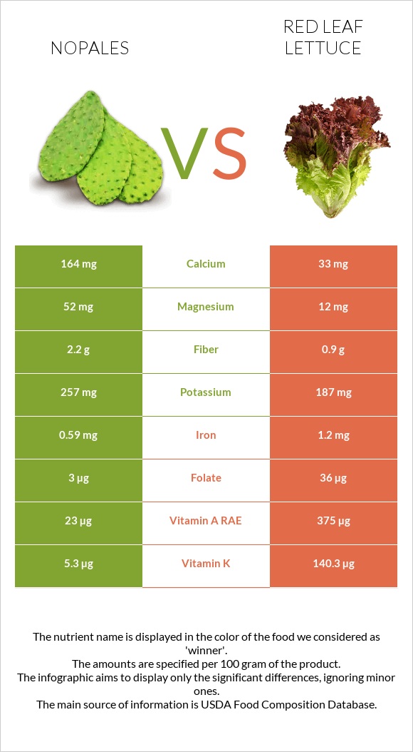Nopales vs Red leaf lettuce infographic