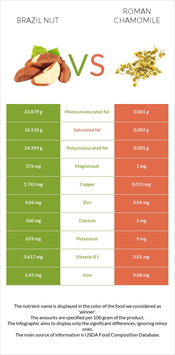 Բրազիլական ընկույզ vs Հռոմեական երիցուկ infographic