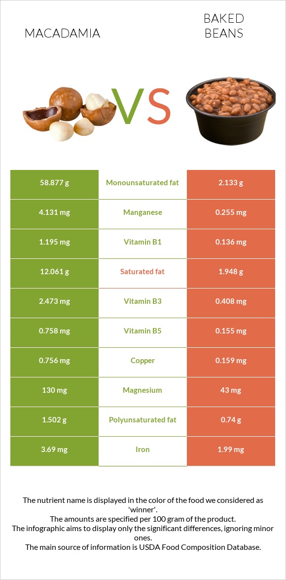 Macadamia vs Baked beans infographic