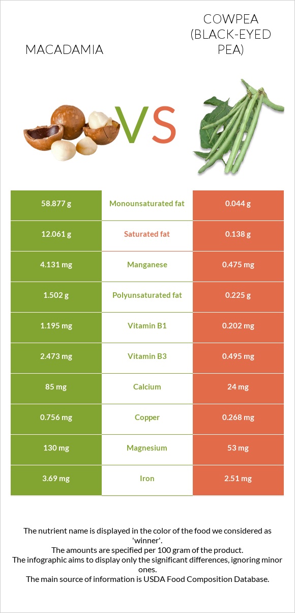 Մակադամիա vs Սև աչքերով ոլոռ infographic