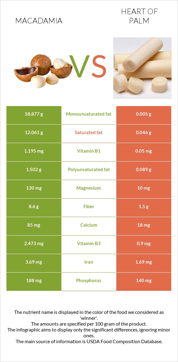Macadamia vs Heart of palm infographic
