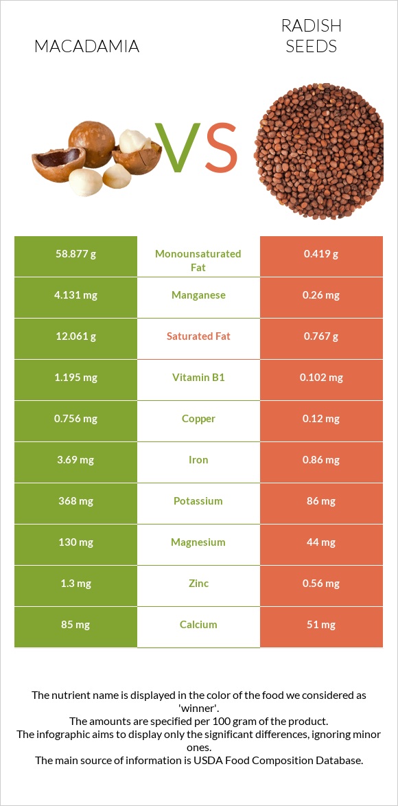 Մակադամիա vs Radish seeds infographic