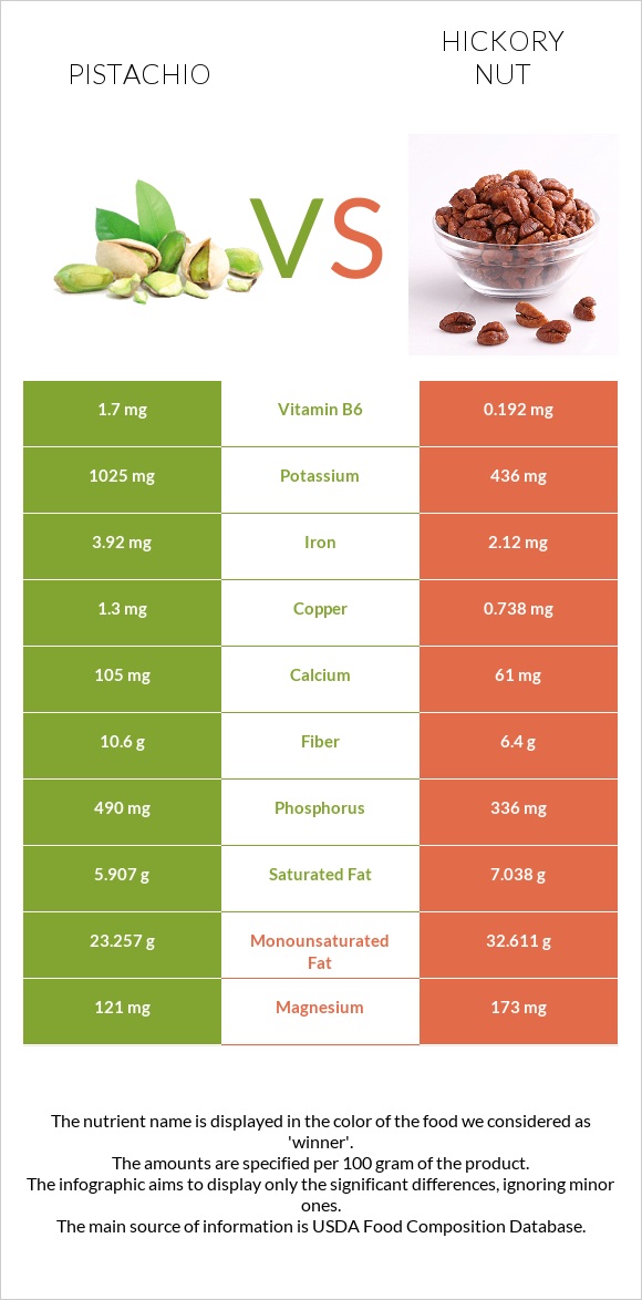 Pistachio vs Hickory nut infographic