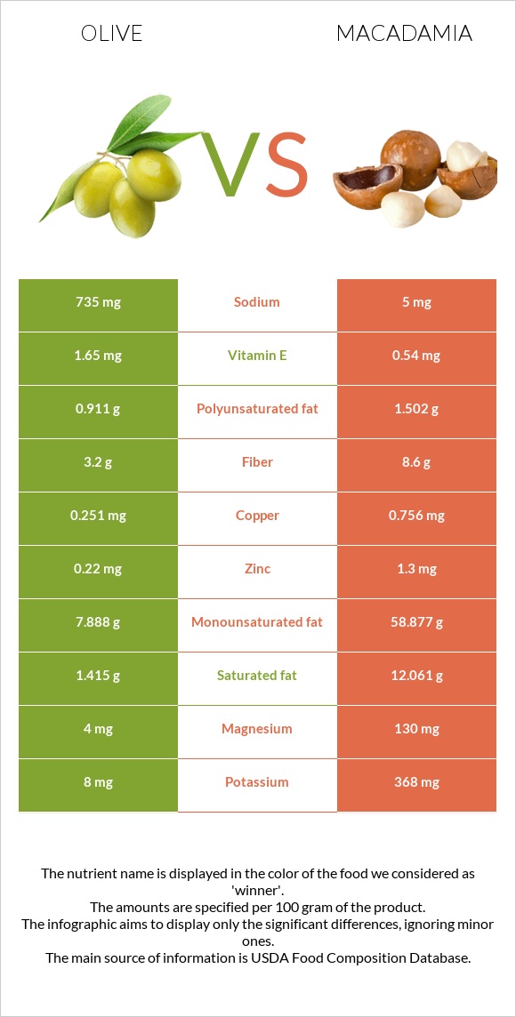 Ձիթապտուղ vs Մակադամիա infographic