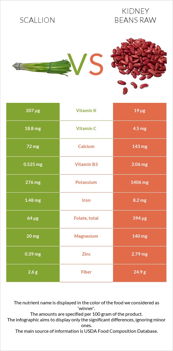 Scallion vs Kidney beans raw infographic