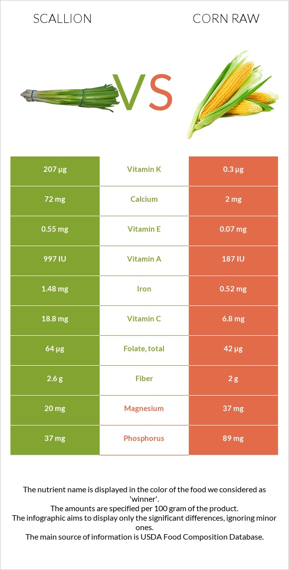 Scallion vs Corn raw infographic