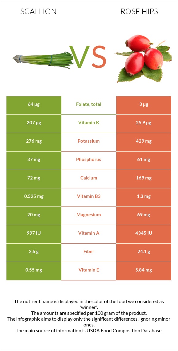 Scallion vs Rose hips infographic