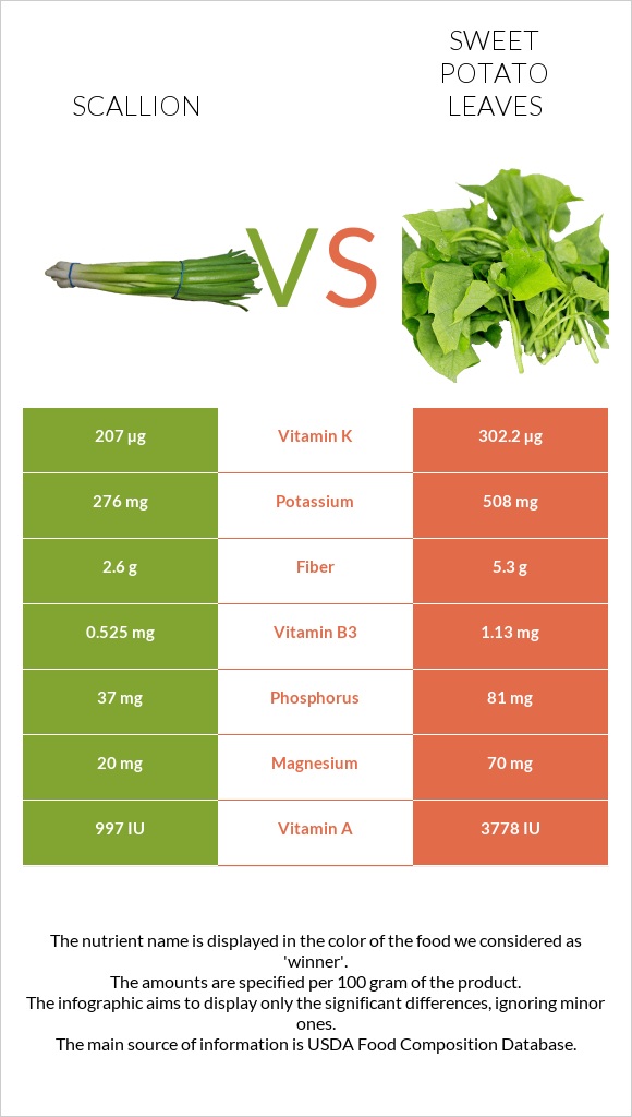 Scallion vs Sweet potato leaves infographic