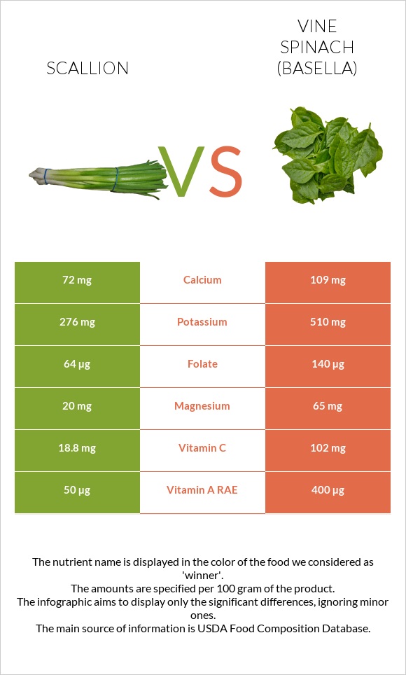 Կանաչ սոխ vs Vine spinach (basella) infographic