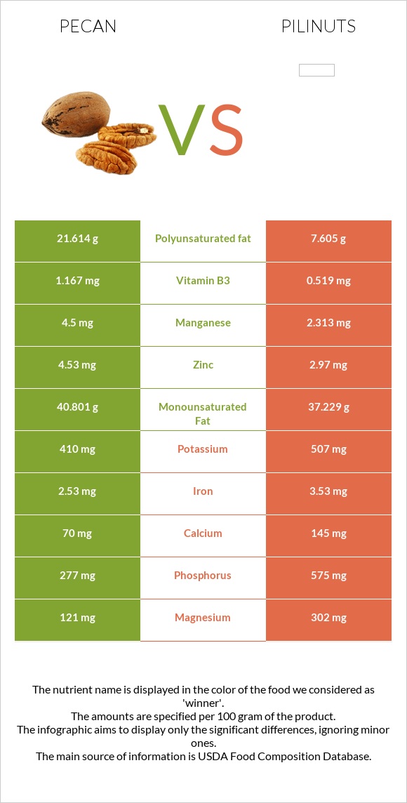Pecan vs Pili nuts infographic