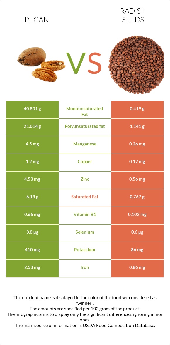 Կարիա պեկան vs Radish seeds infographic