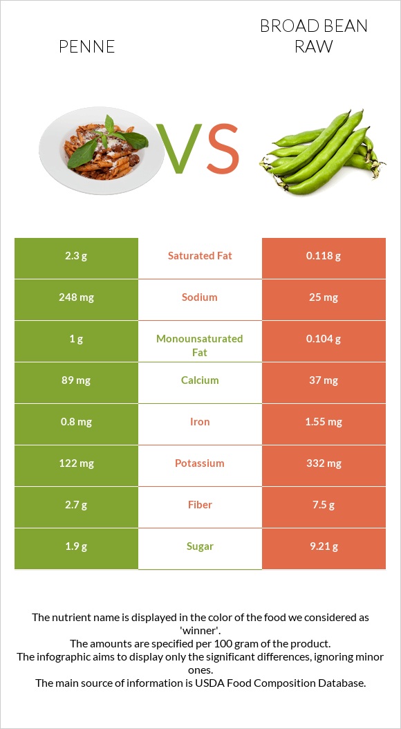 Penne vs Broad bean raw infographic