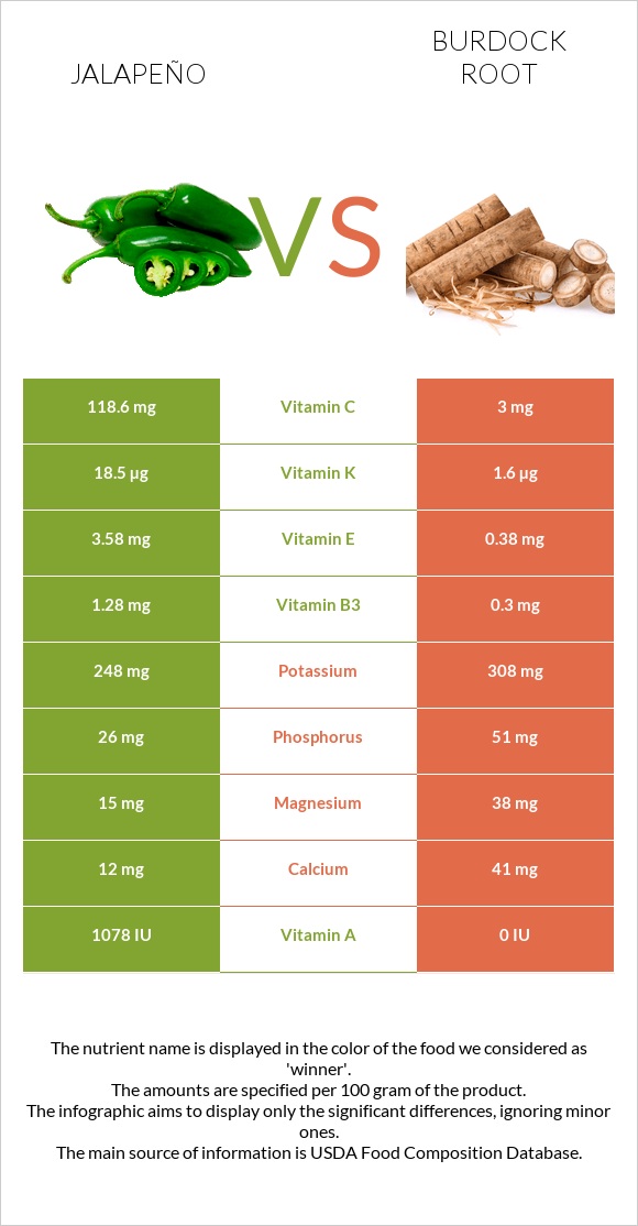 Հալապենո vs Կռատուկի արմատ (արկտի արմատ) infographic